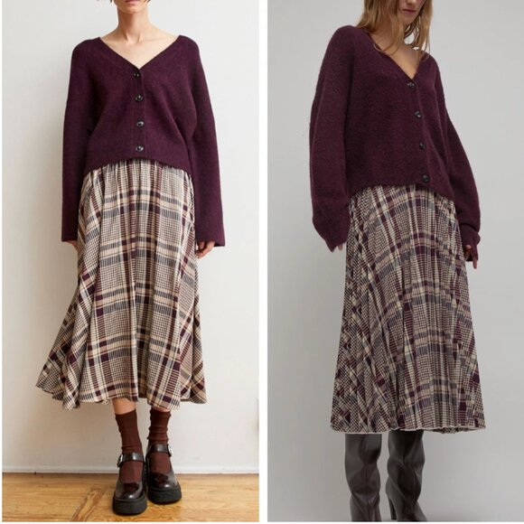 NWT No.6 Lee Midi Skirt - Burgundy Plaid Beige Autumn Pleated Retro - Picture 1 of 10